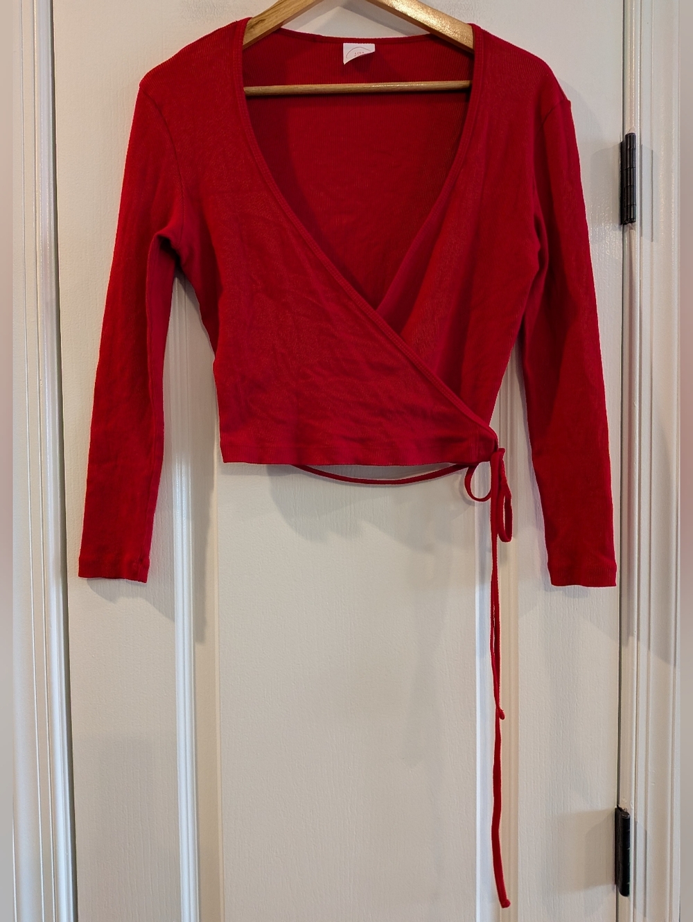 Lisa Says Gah Lucille Wrap Top Red Ribbed Long Sleeve Cropped Cotton Size M - Picture 4 of 15